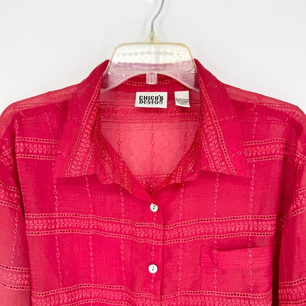Vintage Chicos Semi-Sheer Embroidered Button Front Boxy Top Red Size 3(XL) Artsy - Picture 2 of 10